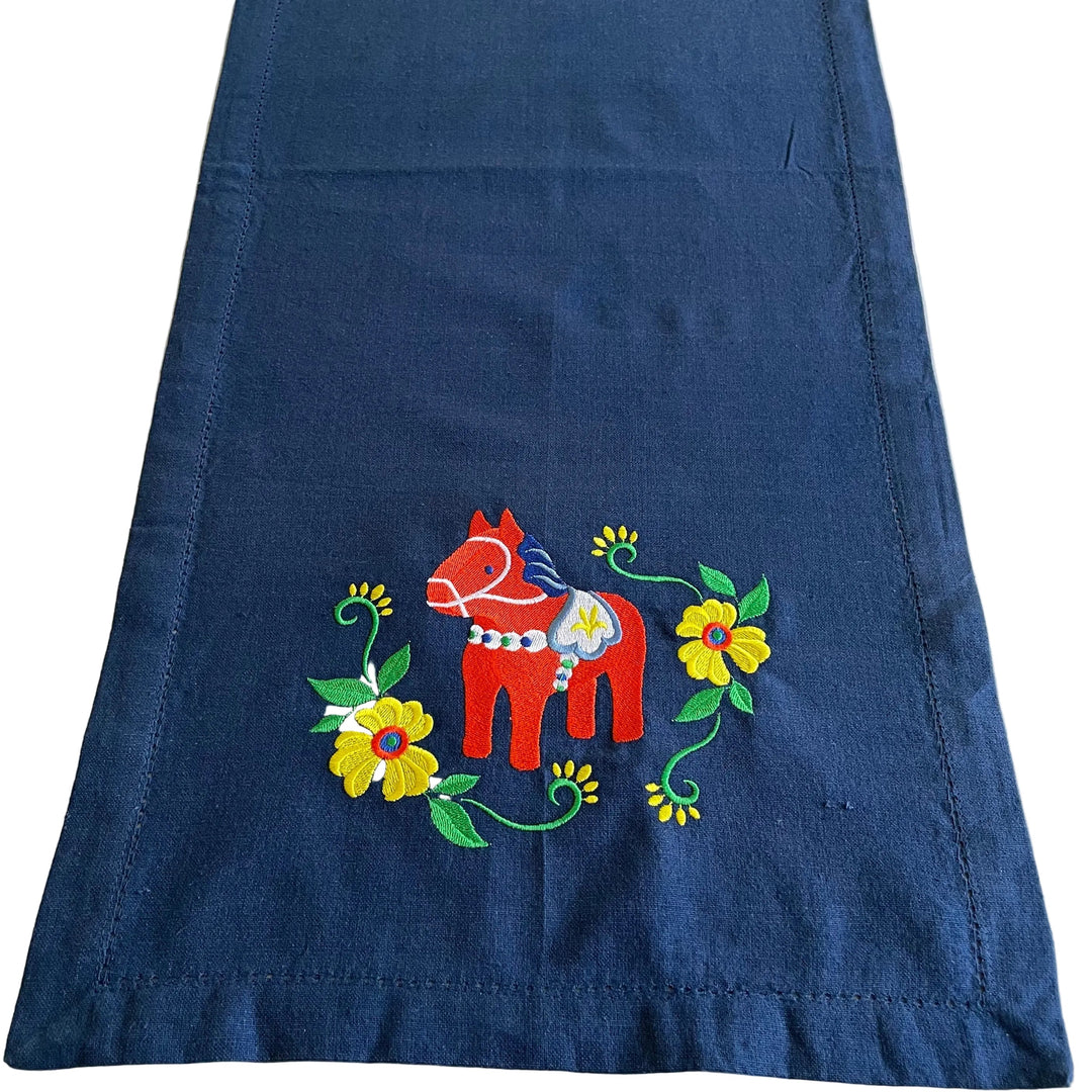 Dala Horse & Flowers Embroidered on Blue 52" Runner