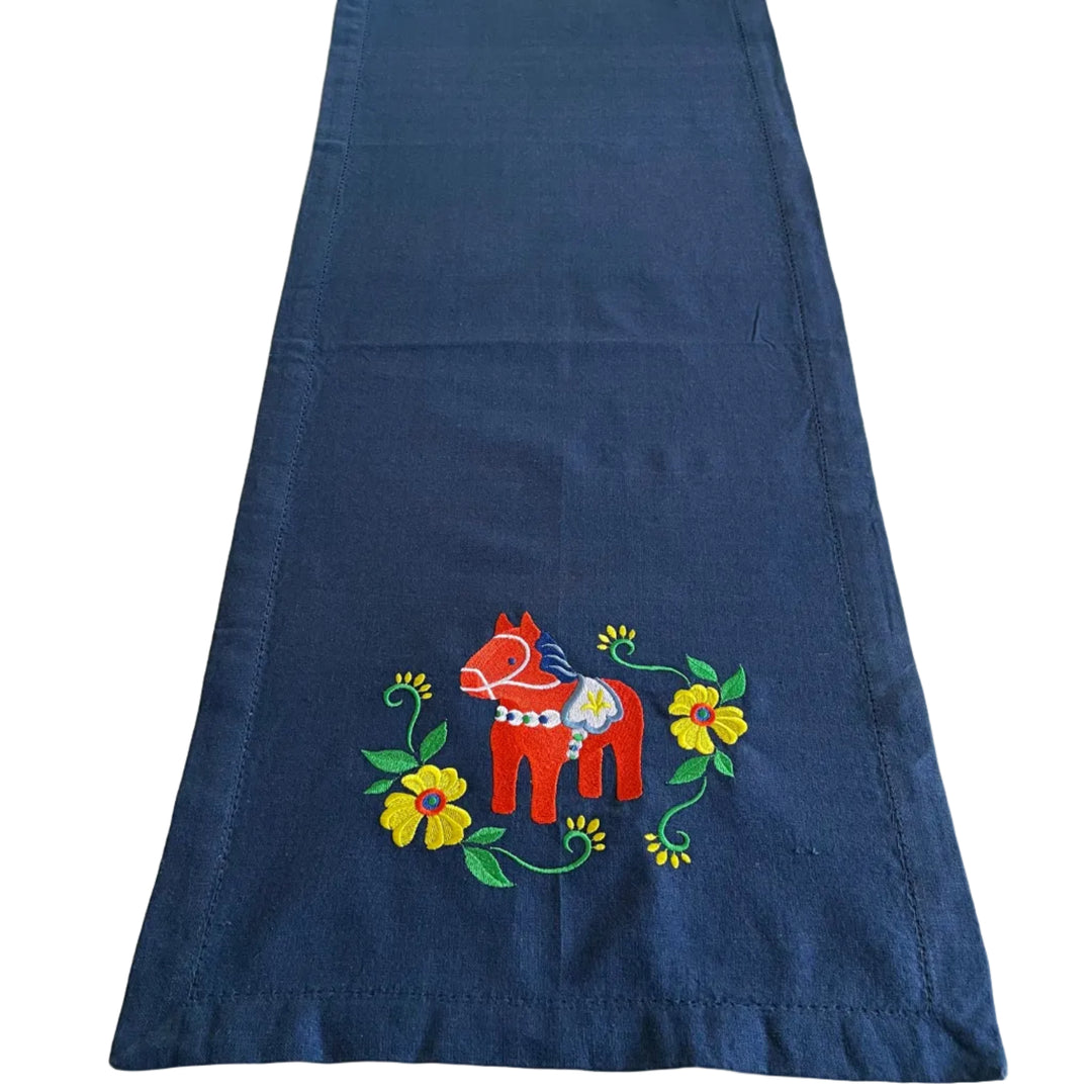 Dala Horse & Flowers Embroidered on Blue 52" Runner