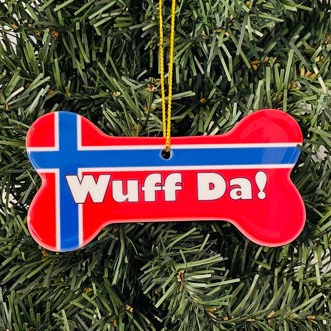 Ceramic Ornament, Dog Bone Wuff da with flag