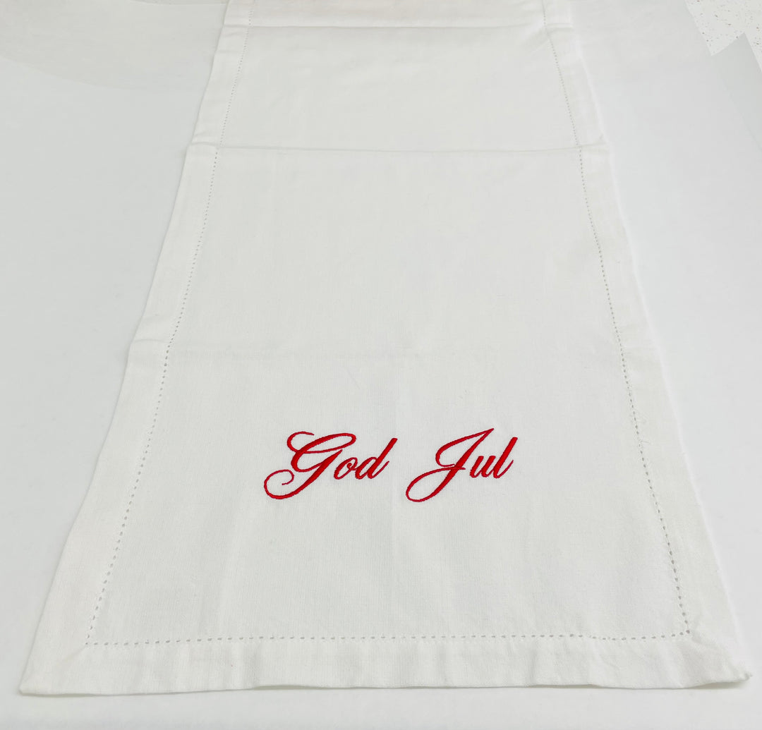 God Jul Embroidered on White 36" Runner