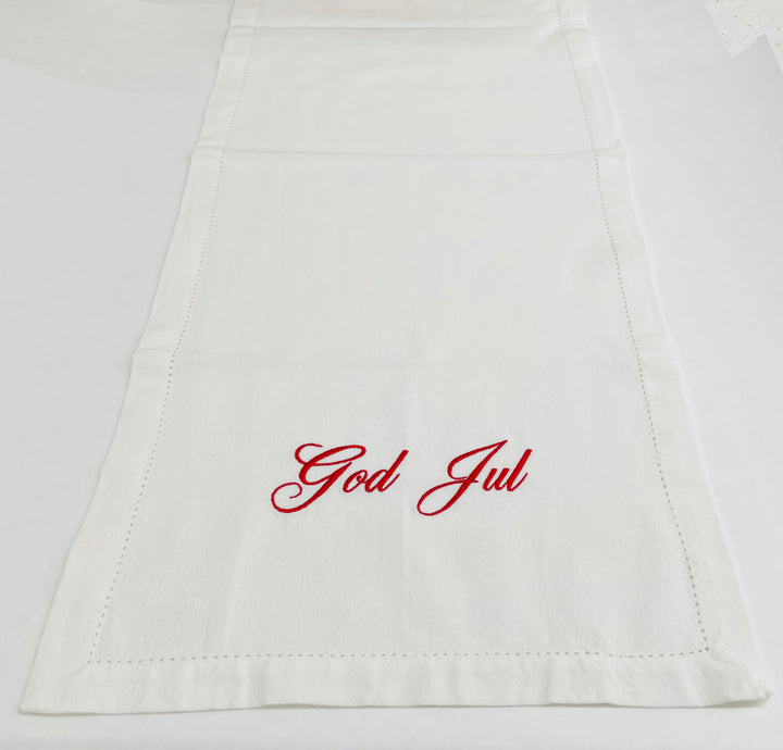 God Jul Embroidered on White 36" Runner