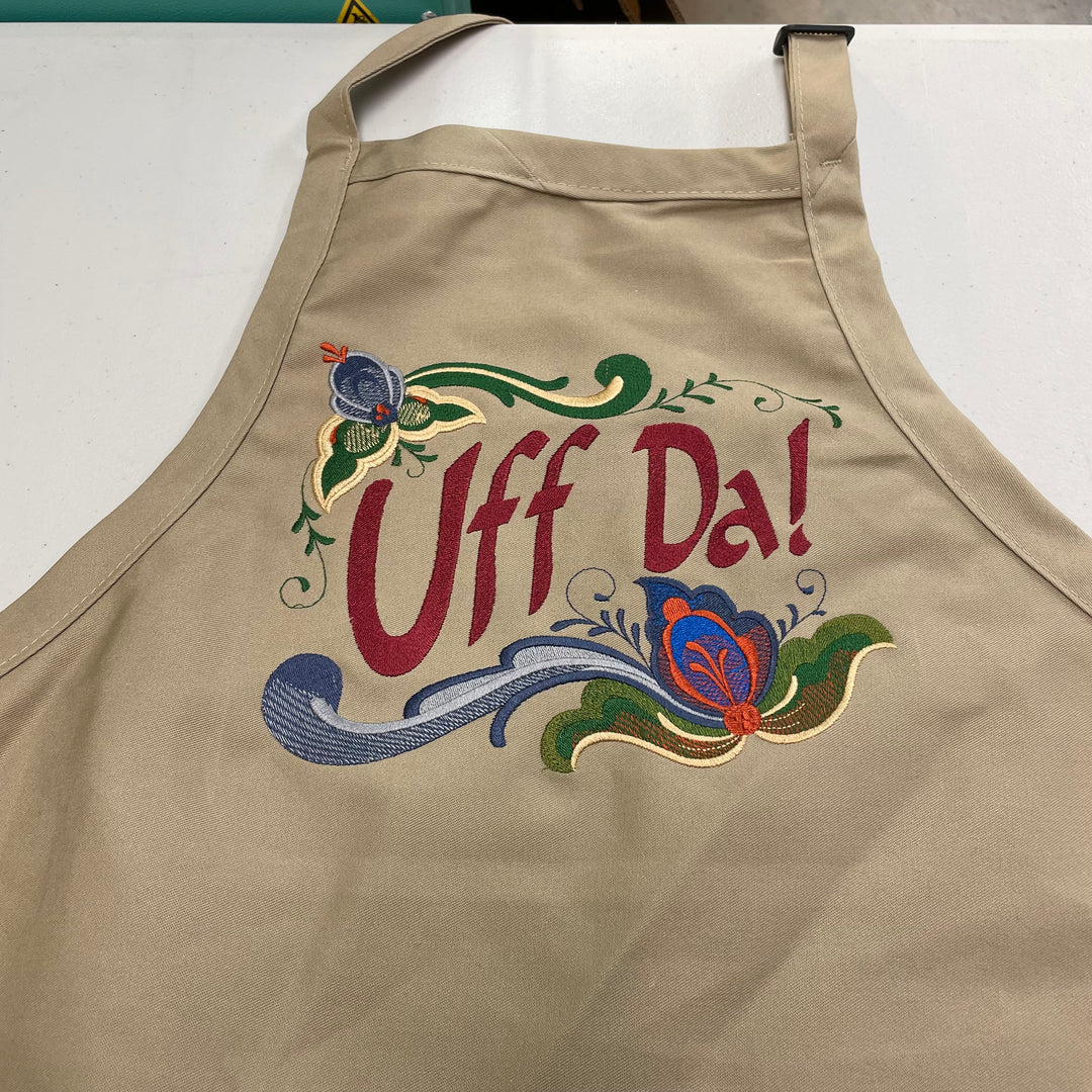 Apron - Embroidered Rosemaling Uff Da on khaki