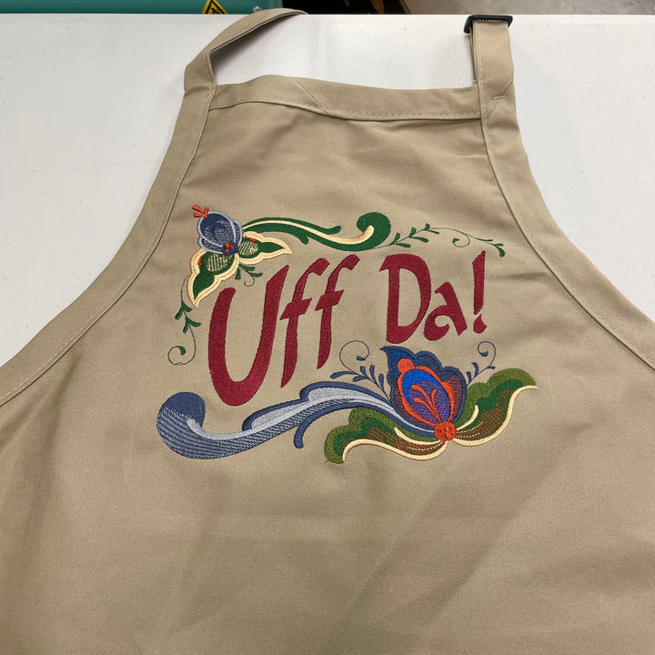 Apron - Embroidered Rosemaling Uff Da on khaki