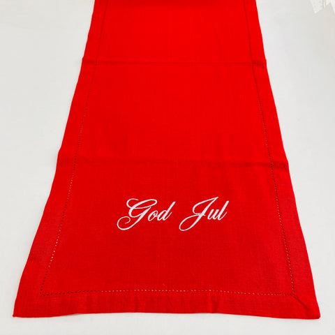God Jul Embroidered on Red 36" Runner