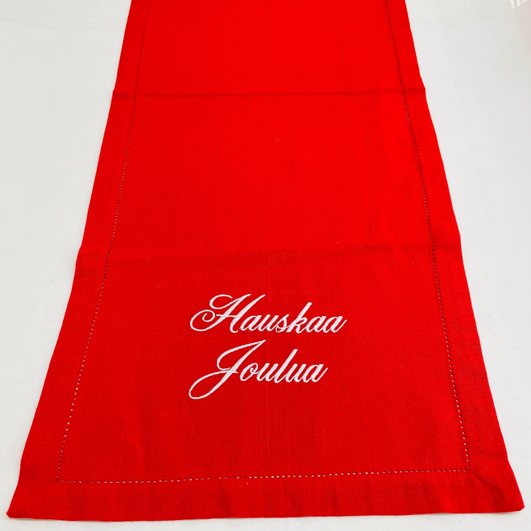 Hauskaa Joulua Embroidered on Red 36" Runner