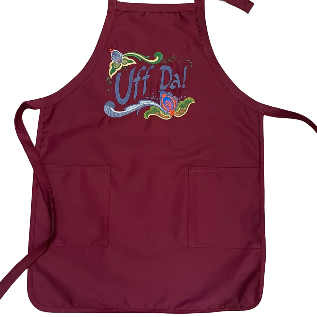 Apron - Embroidered Rosemaling Uff Da on Burgundy
