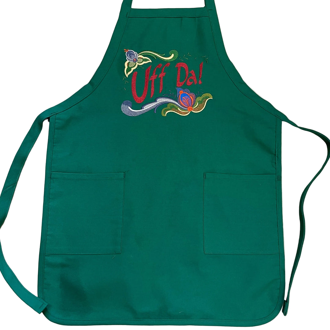 Apron - Embroidered Rosemaling Uff Da on green