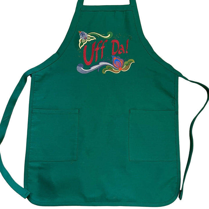 Apron - Embroidered Rosemaling Uff Da on green