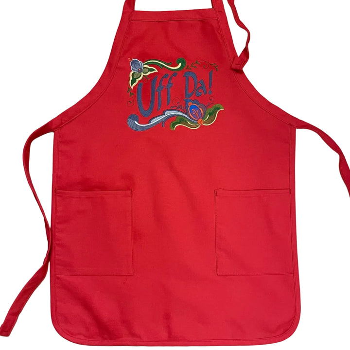 Apron - Embroidered Rosemaling Uff Da on Red