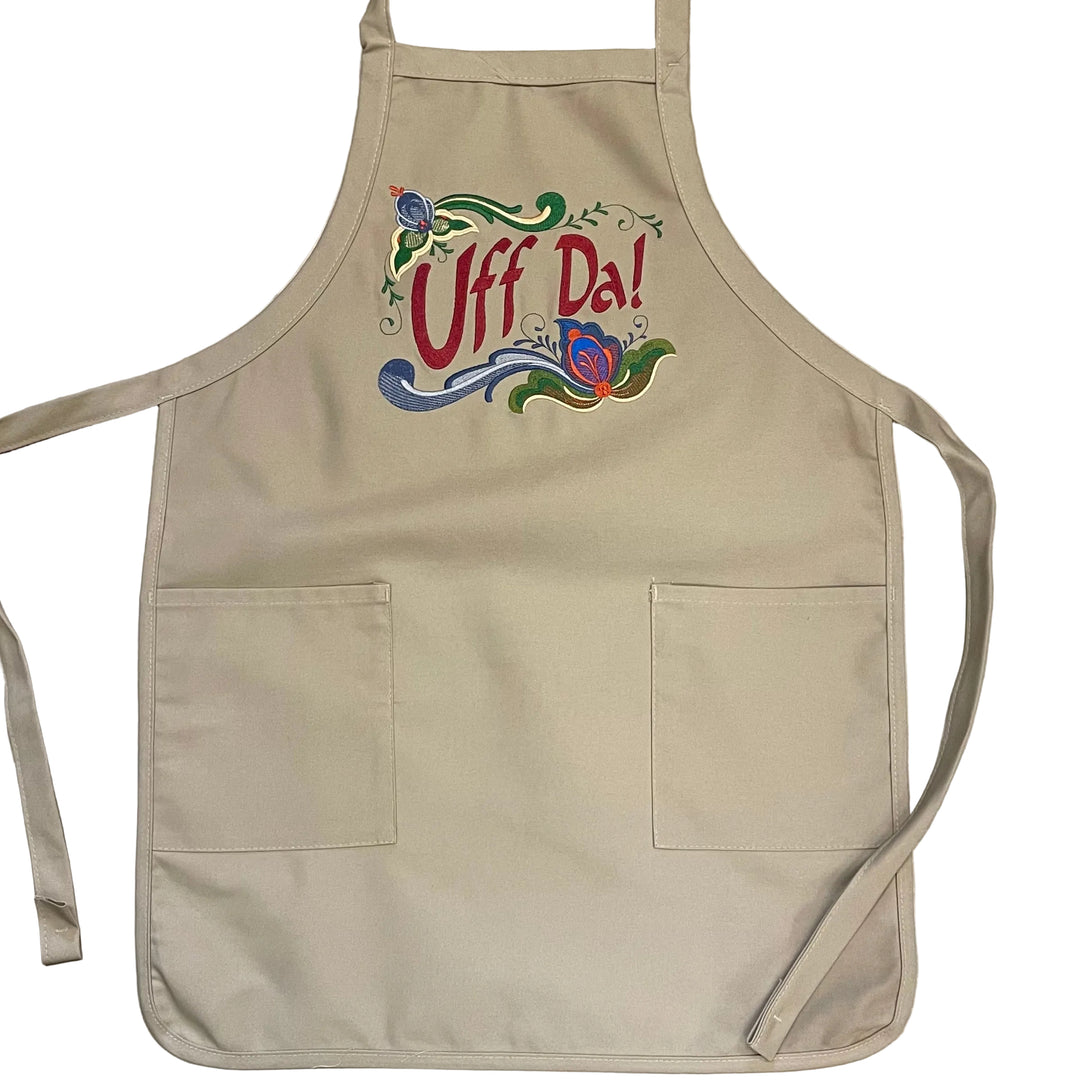 Apron - Embroidered Rosemaling Uff Da on khaki