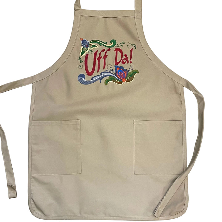 Apron - Embroidered Rosemaling Uff Da on khaki