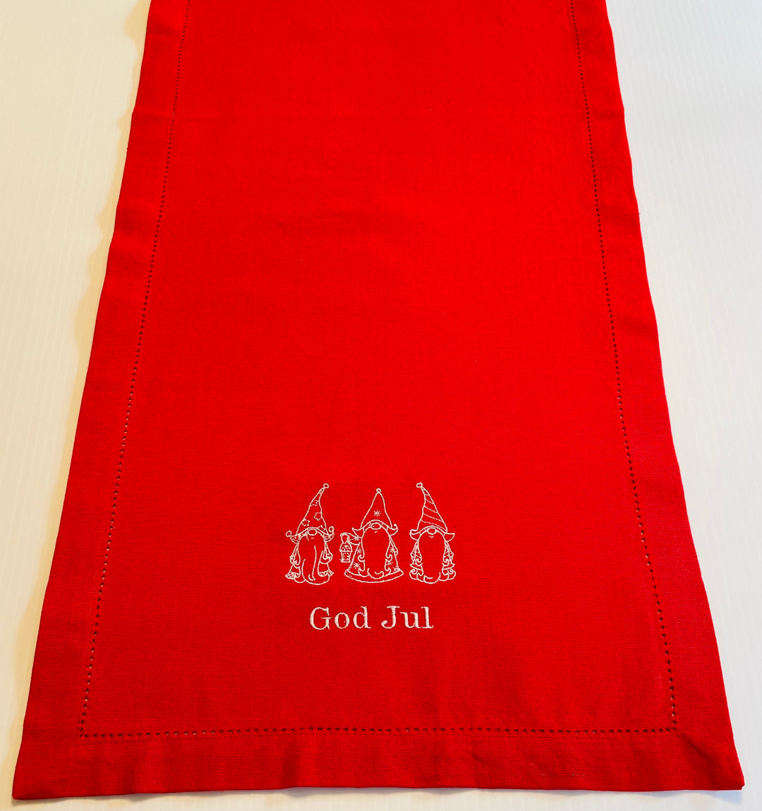 God Jul Gnomes Embroidered on Red 36" Runner