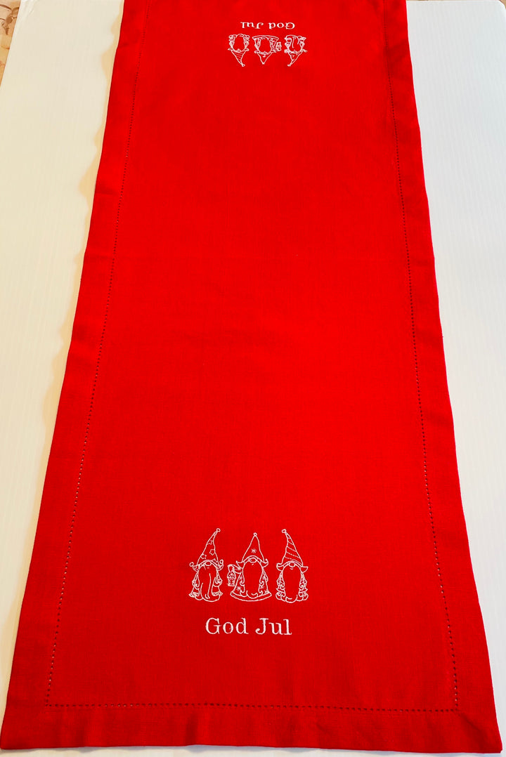 God Jul Gnomes Embroidered on Red 36" Runner