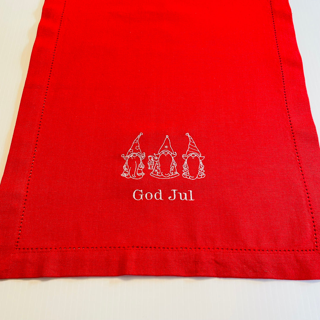 God Jul Gnomes Embroidered on Red 36" Runner