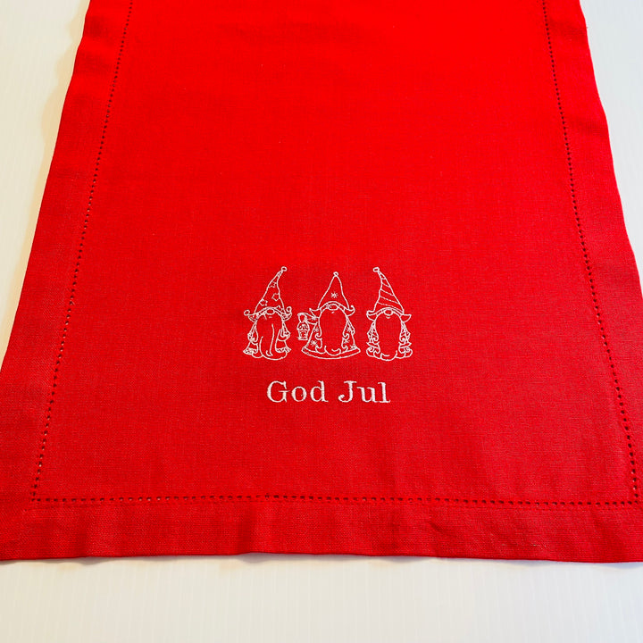 God Jul Gnomes Embroidered on Red 36" Runner