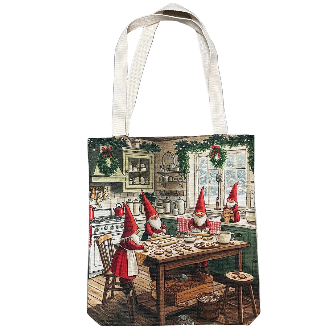 Linen look Tote bag Gnomes baking cookies