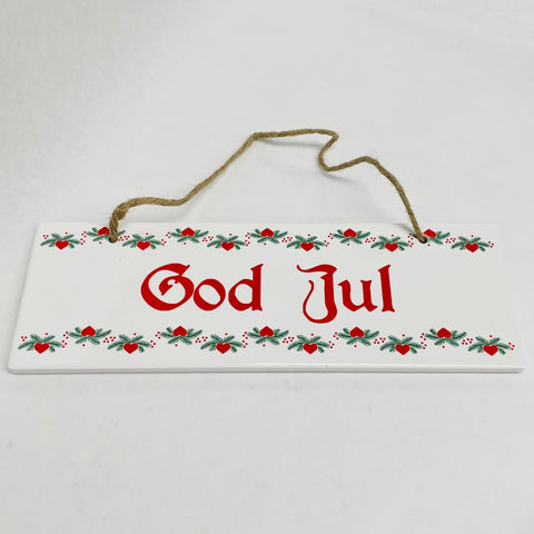 Rectangle Ceramic Sign - God Jul Hearts & Pines