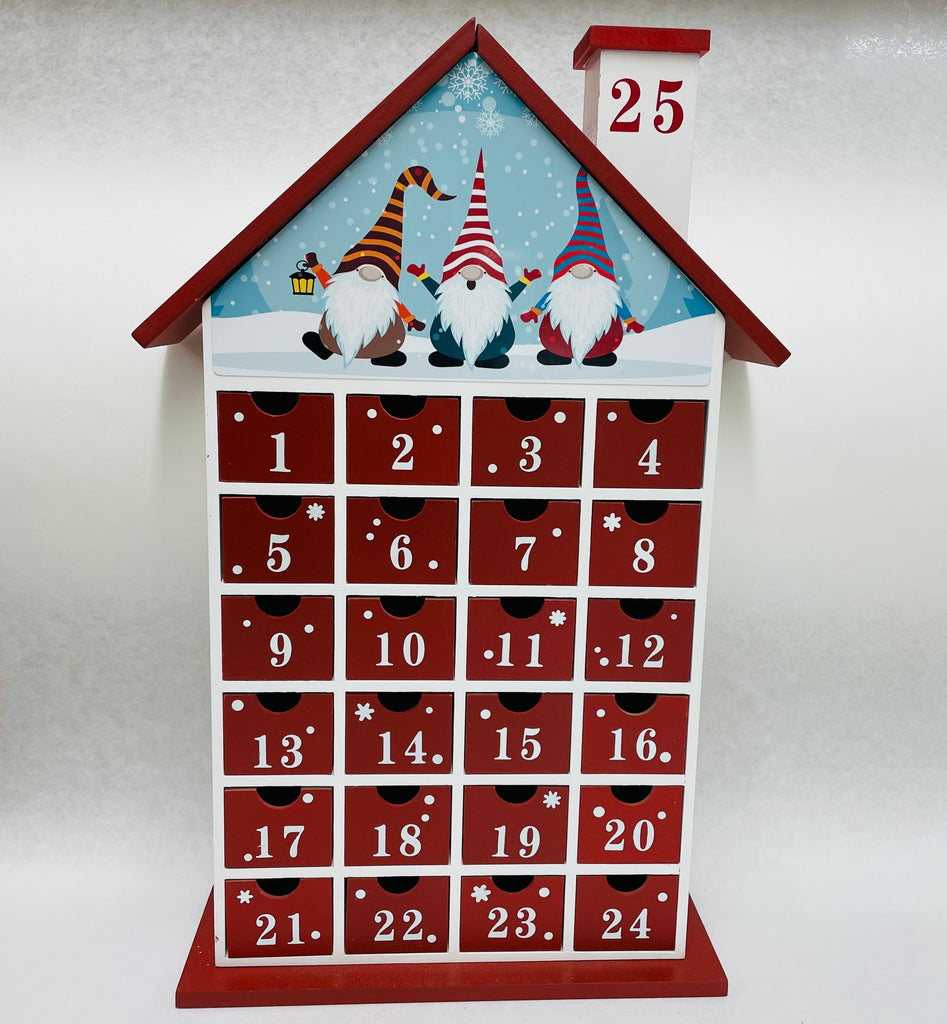 Wood Advent Calendar House Three Gnomes with Stripe Hats Gift Chalet