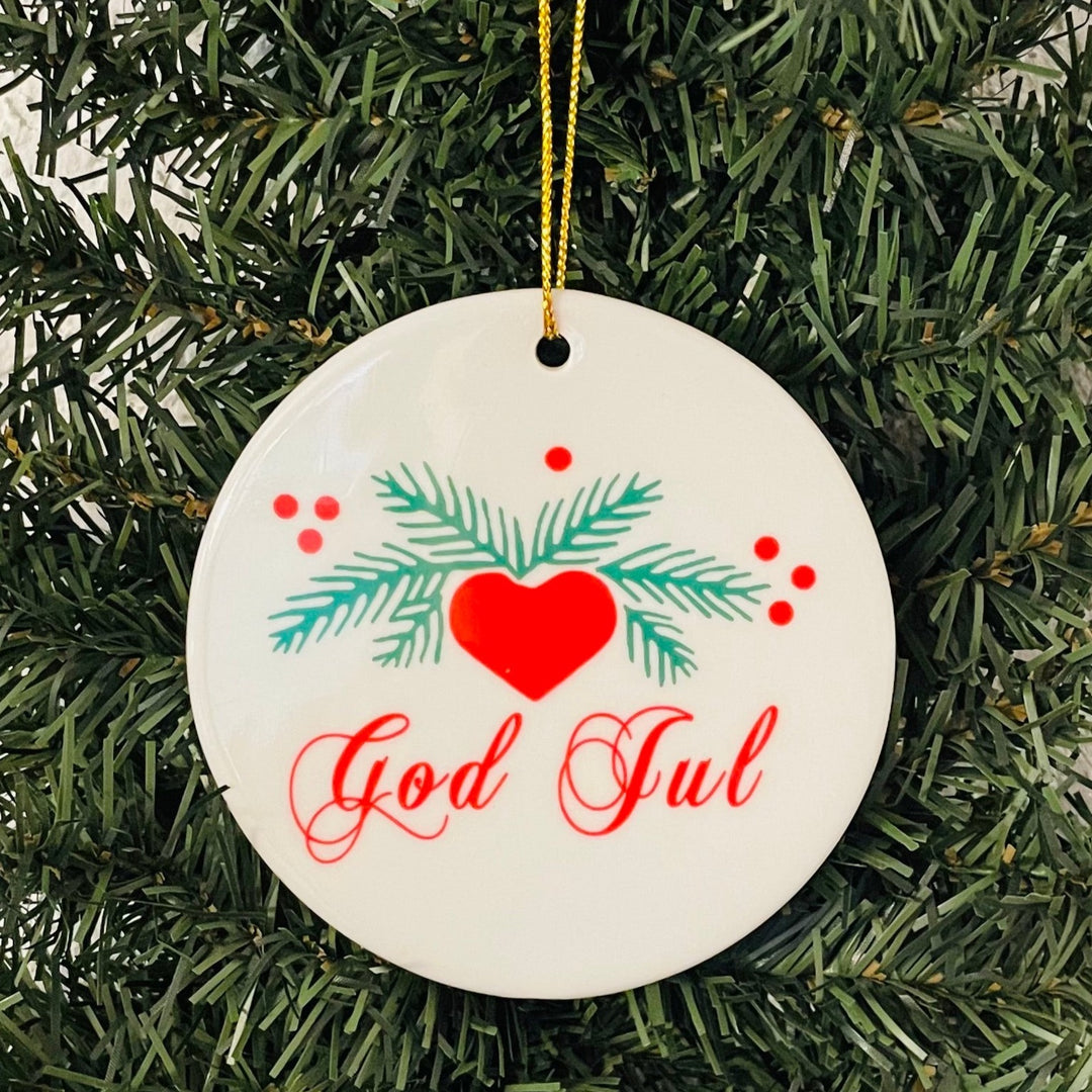 Large Ceramic Ornament - God Jul Hearts & Pines