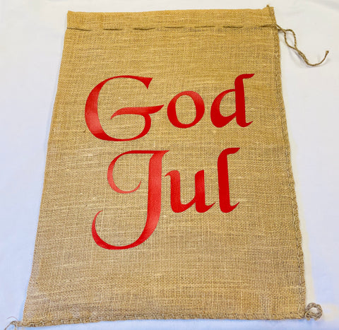 Burlap Gift Sack - God Jul in Red