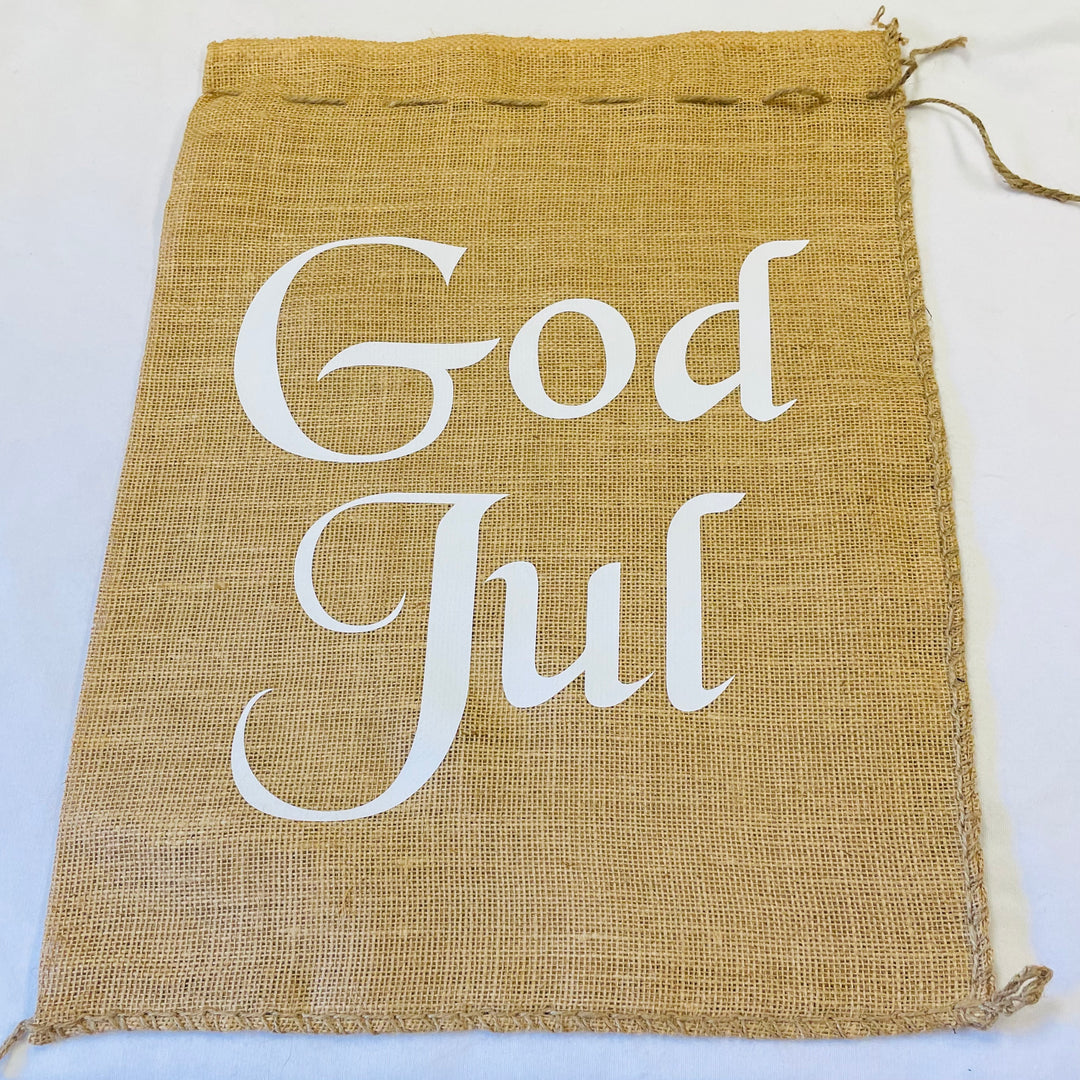 Burlap Gift Sack - God Jul in White