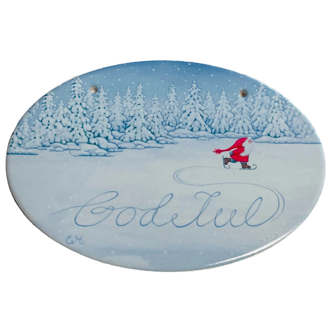 Oval Ceramic Sign - God Jul Gnome Skater
