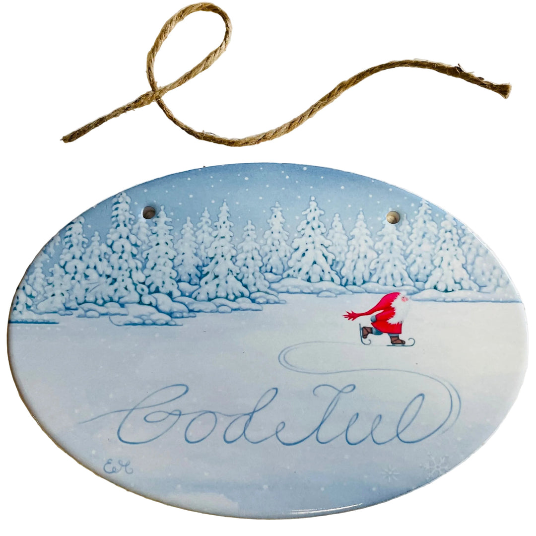 Oval Ceramic Sign - God Jul Gnome Skater
