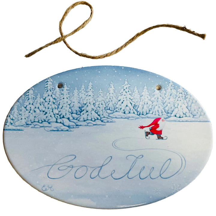 Oval Ceramic Sign - God Jul Gnome Skater