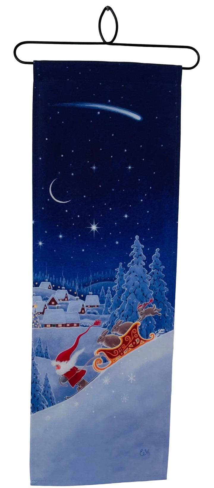 Eva Melhuish Tomte with down hill sleighFabric wall hanging