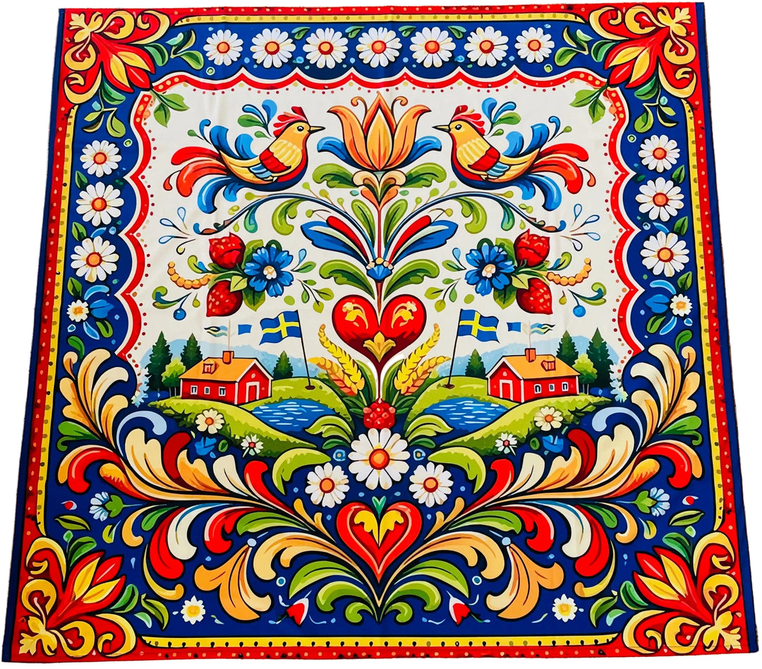 Sweden house with folk art birds Tablecloth 41"