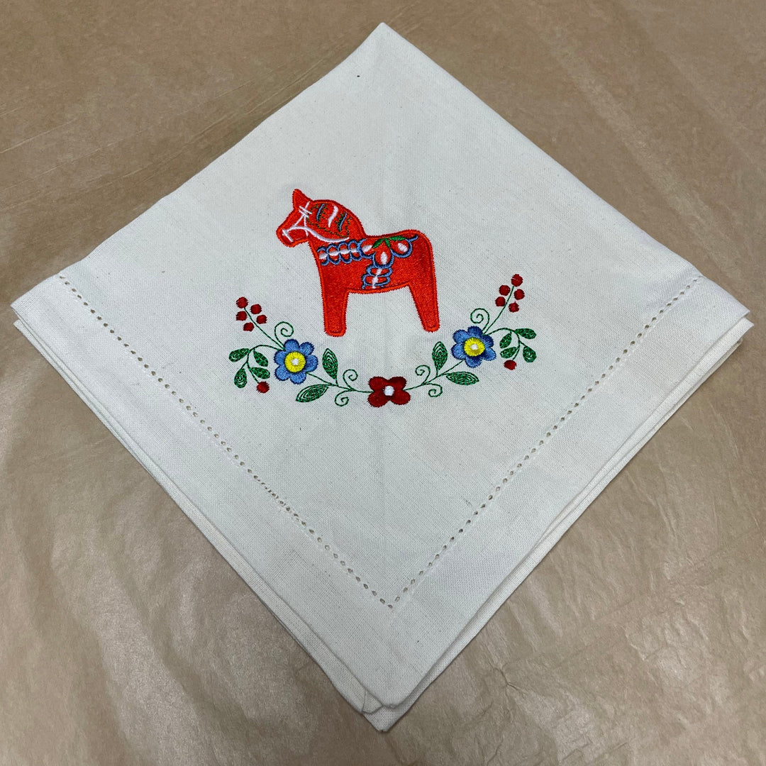 Large Square Napkin Embroidered Dala horse & Flowers