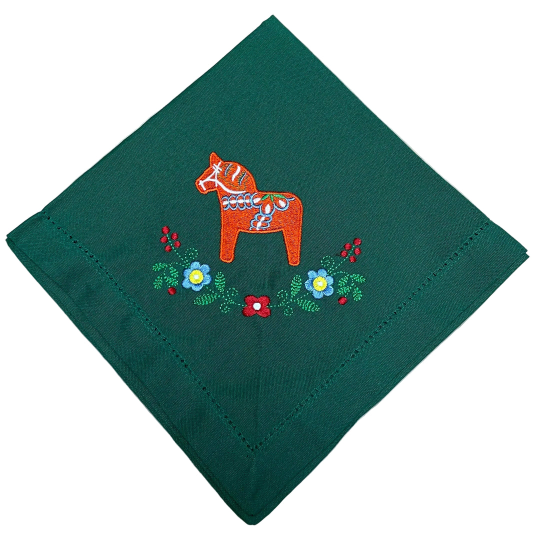 Large Square Napkin Embroidered Dala horse & Flowers