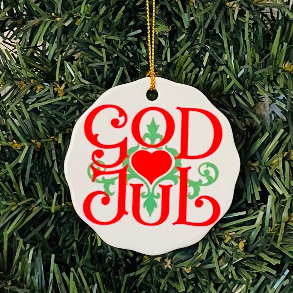 Ceramic Ornament, God Jul Scroll