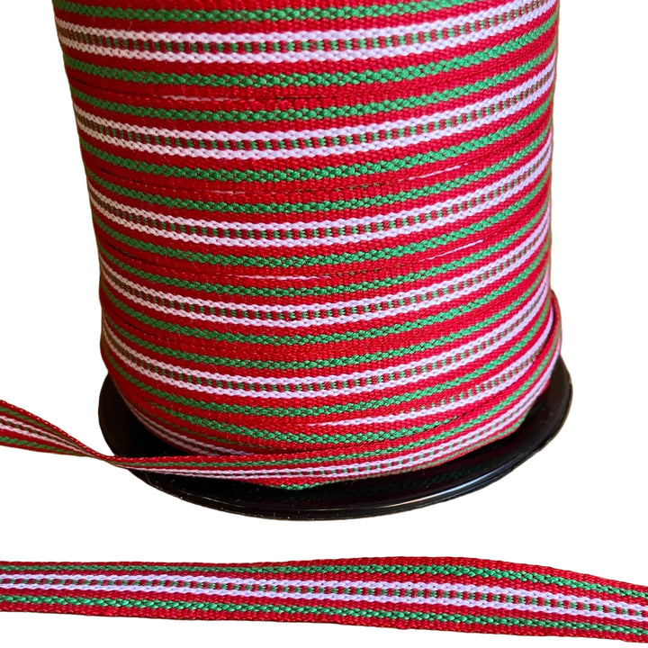 Fabric Ribbon Trim by the yard - Red White & Green stripe