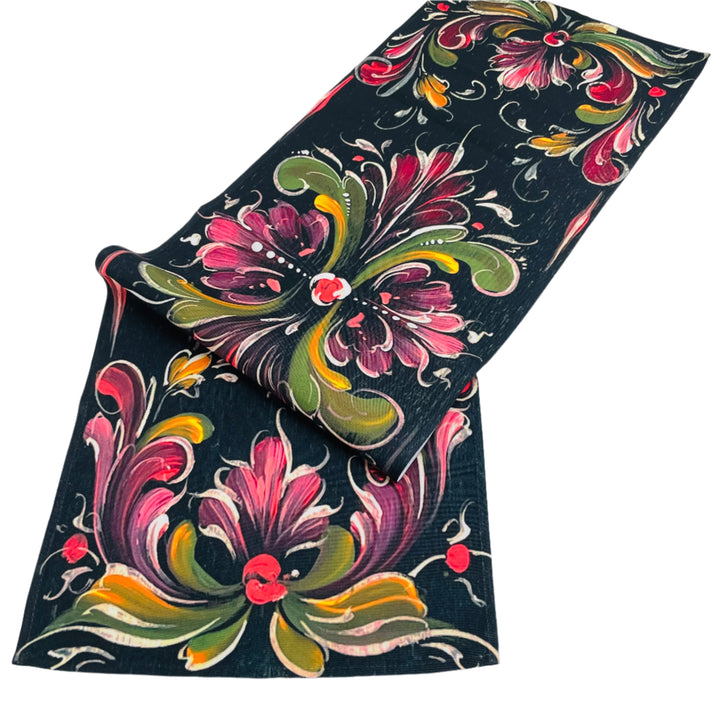 Lise Lorentzen Rosemaling on Black Table Runner