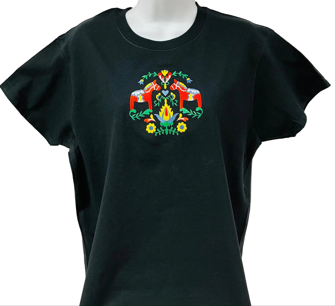 Dala Horses & Flowers on Ladies Black T-shirt