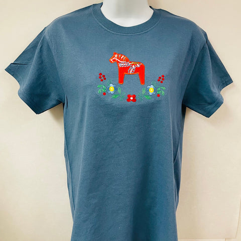 Dala Horse & Flowers on Indigo T-shirt