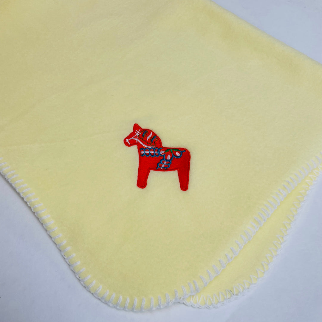 Fleece Baby Blanket - Dala horse on Blue, Pink or Yellow