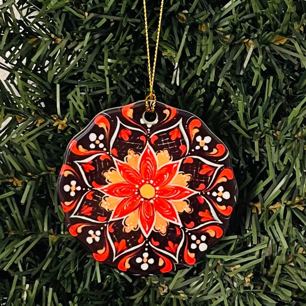 Ceramic ornament, Lise Lorentzen black rosemaling