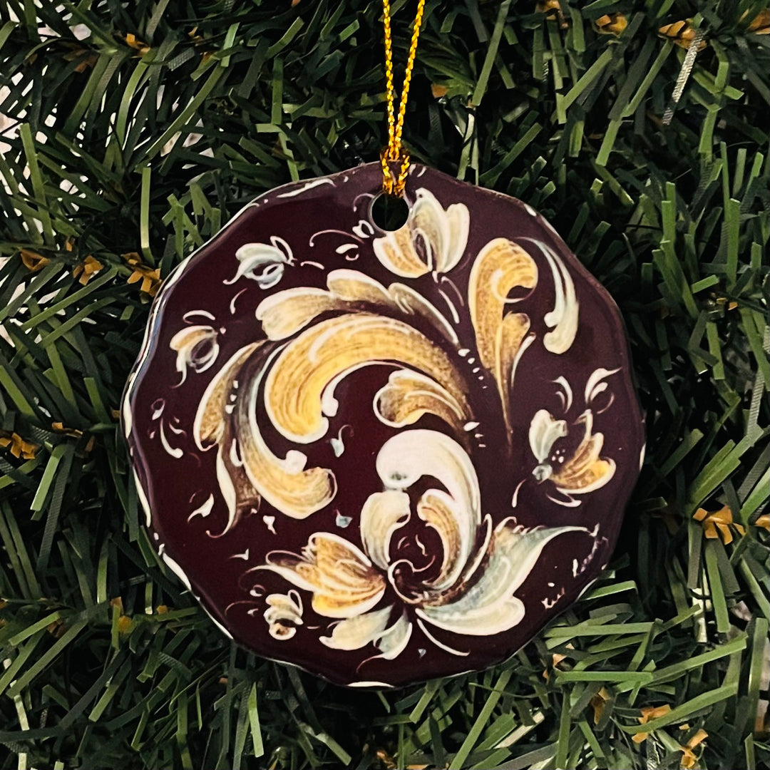 Ceramic ornament, Lise Lorentzen black rosemaling