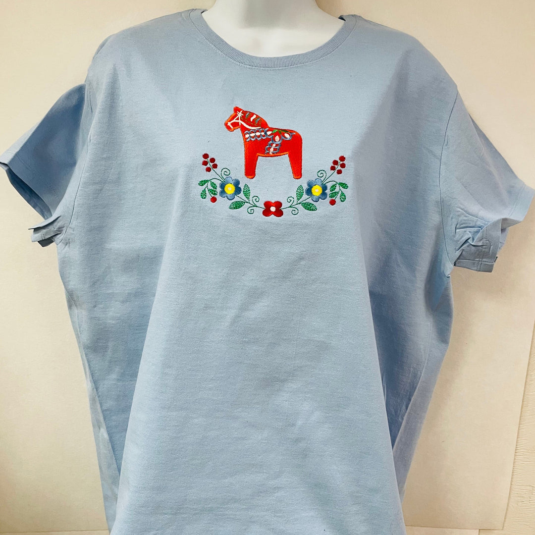 Dala horse & Flowers on Light Blue Ladies T-shirt