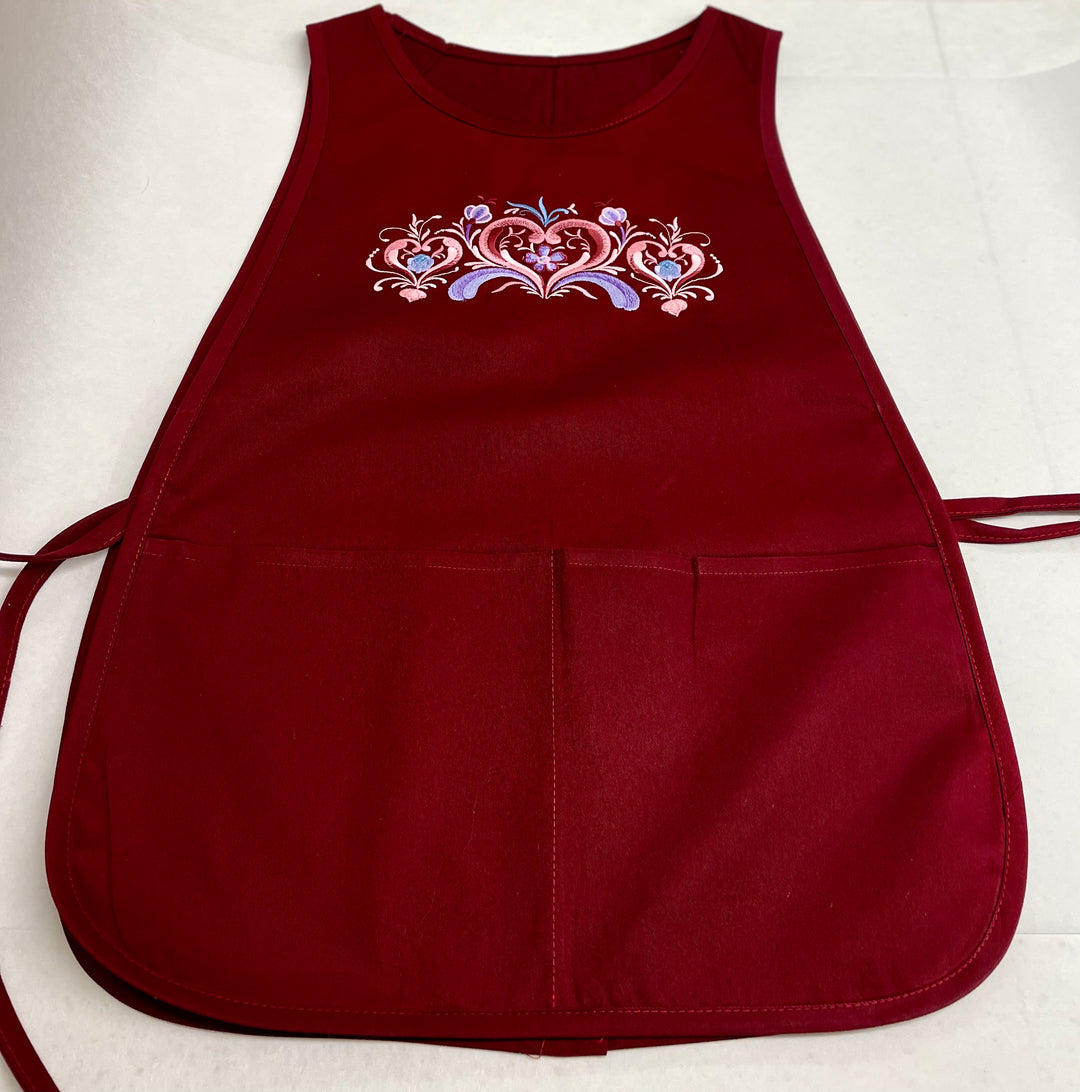 Smock style Apron - Embroidered Rosemaling Hearts