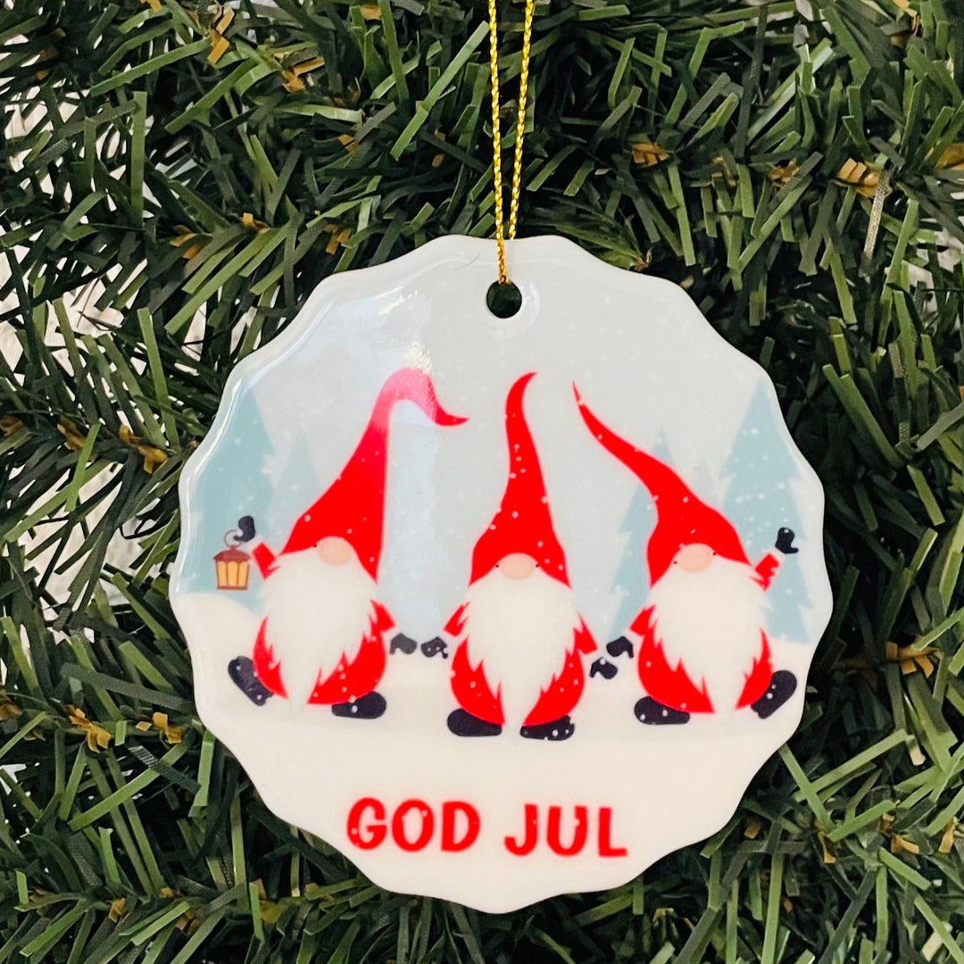 SALE Ceramic Ornament, God Jul Gnomes