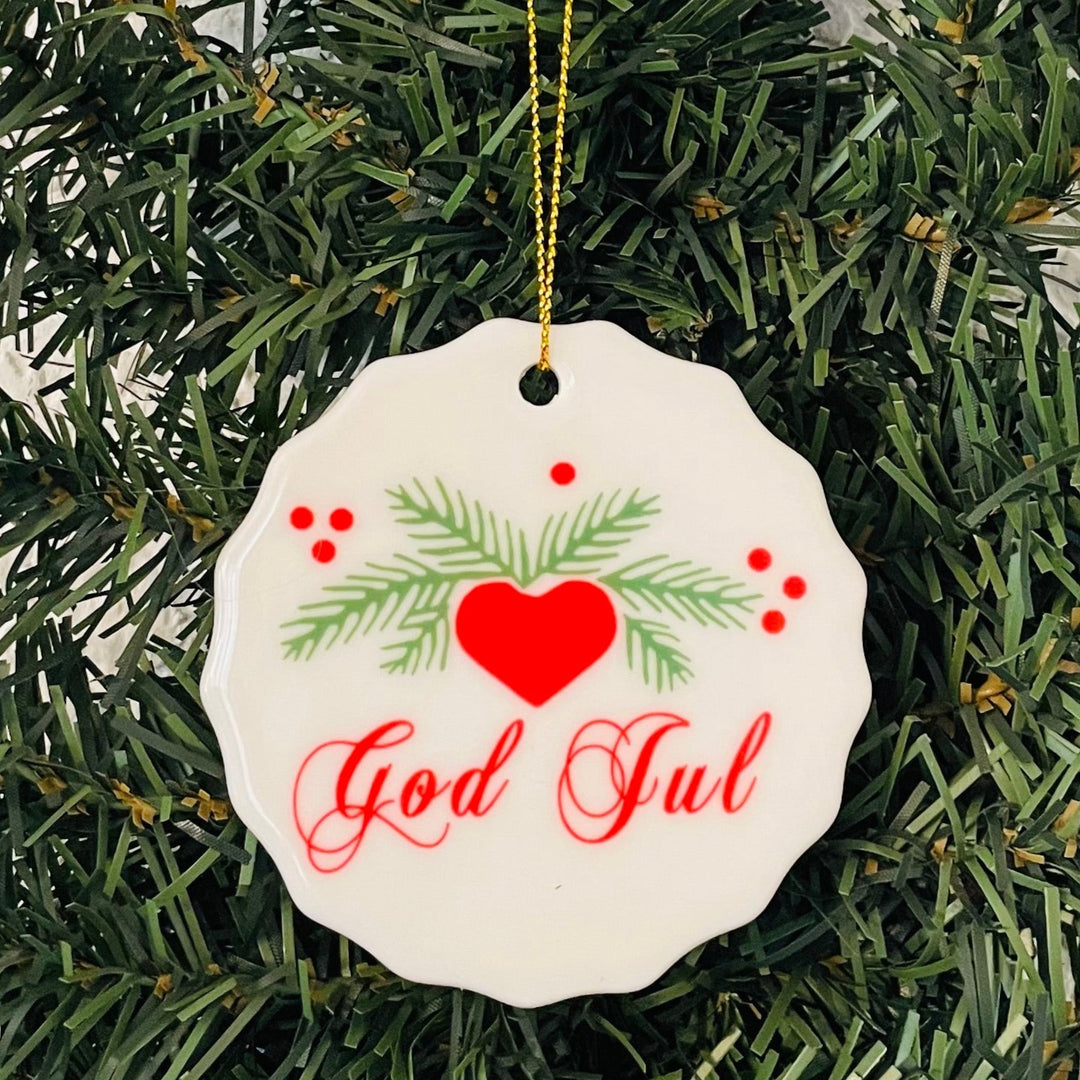 SALE Ceramic Ornament, God Jul Hearts & Pines