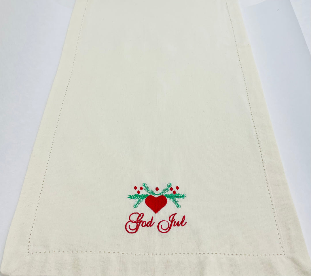 God Jul Hearts & Pines Embroidered on Cream 36" Runner