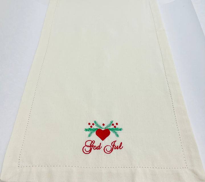 God Jul Hearts & Pines Embroidered on Cream 36" Runner