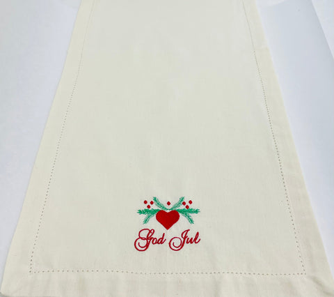 God Jul Hearts & Pines Embroidered on Cream 52" Runner