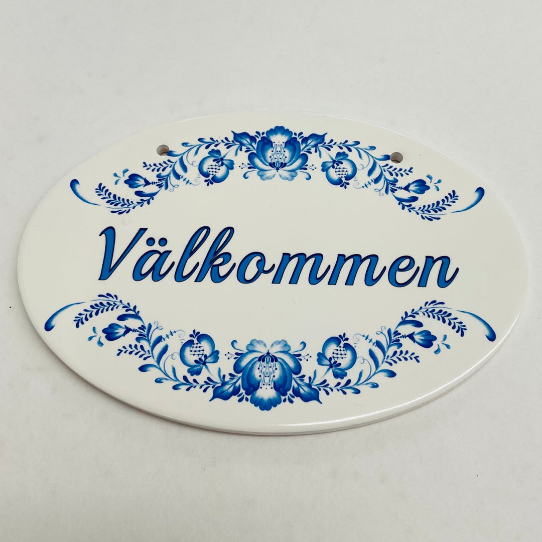 Oval Ceramic Sign - Blue Floral Välkommen