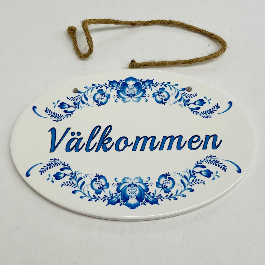 Oval Ceramic Sign - Blue Floral Välkommen