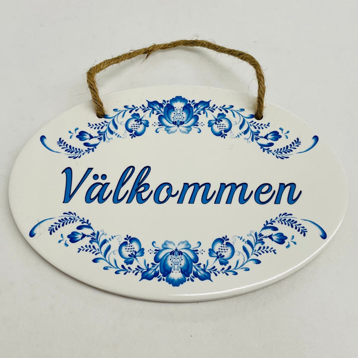 Oval Ceramic Sign - Blue Floral Välkommen